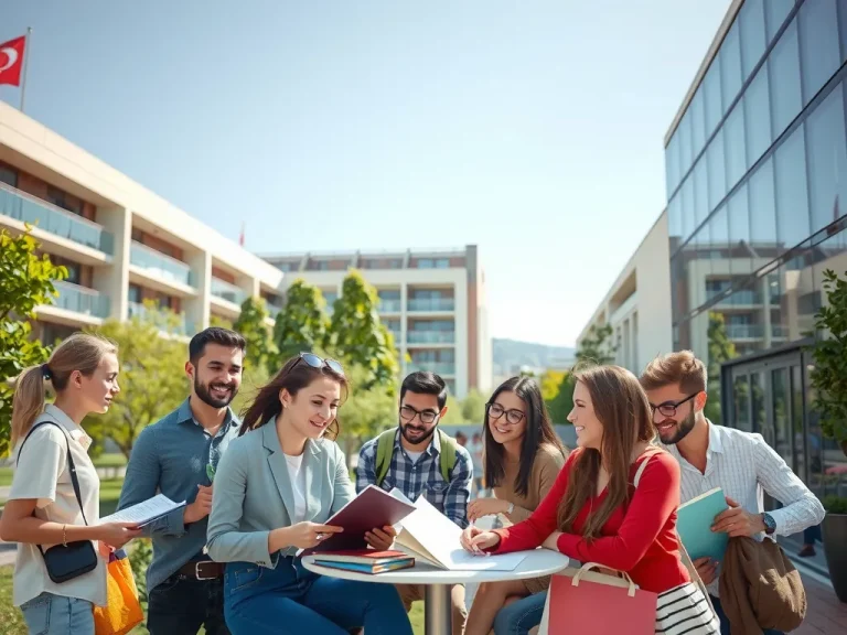 Group of international students studying together in a Turkish university campus, cultural exchange, diverse backgrounds, sunny day, modern architecture, green spaces, photorealistic, high quality