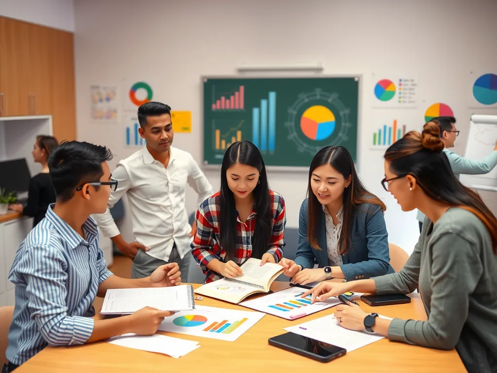 Multinational group of students discussing and working on business studies in a classroom, colorful presentation charts, teamwork, modern education environment, photorealistic