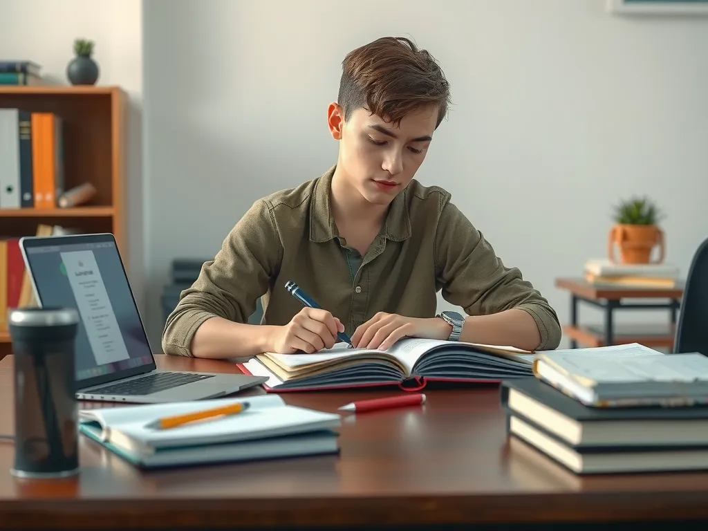 Student analyzing academic materials calmly at study desk, surrounded by books and study equipment, serene atmosphere, photorealistic, focused environment Student analyzing academic materials calmly at study desk, surrounded by books and study equipment, serene atmosphere, photorealistic, focused environment
