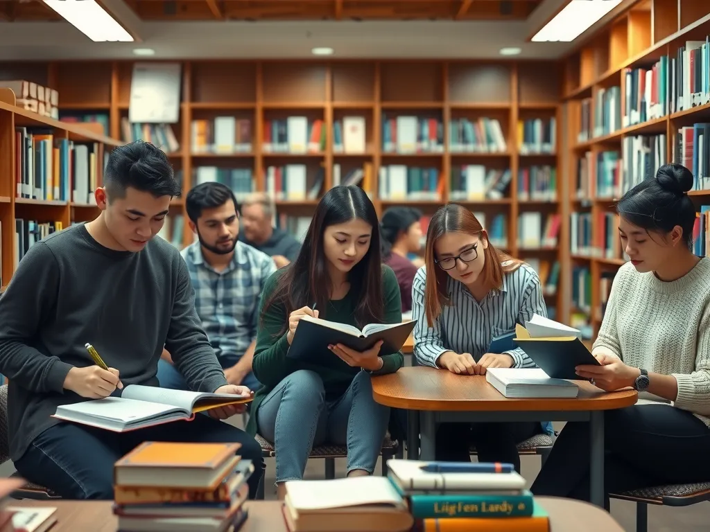 Students engaging in academic research and discussions in a library setting, academic books and resources, intellectual atmosphere, diverse student group, photorealistic