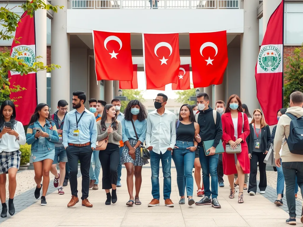 Students welcoming at a Turkish university with cultural elements, Turkish flags, international orientation day, diverse students, friendly environment, photorealistic