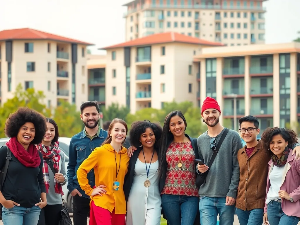 A diverse group of international students happily interacting on a university campus in Turkey, showcasing cultural diversity, academic buildings in the background, photorealistic, vibrant colors