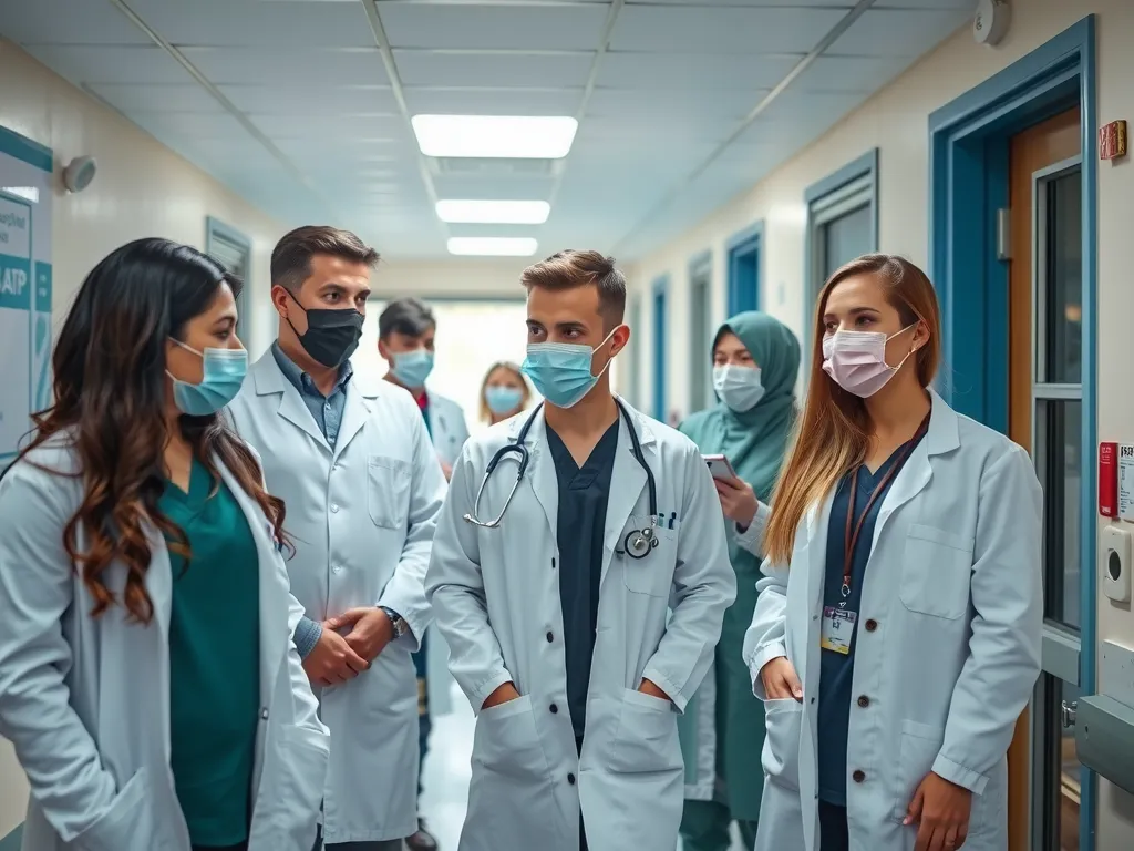 A group of medical students in a Turkish university hospital, wearing lab coats, practicing in clinical settings, high quality