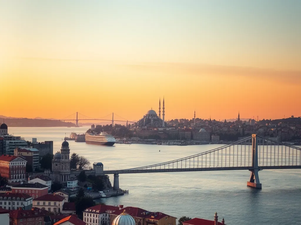 Scenic view of Istanbul cityscape with Bosphorus bridge, symbolizing a bridge between cultures, high quality, sunset lighting