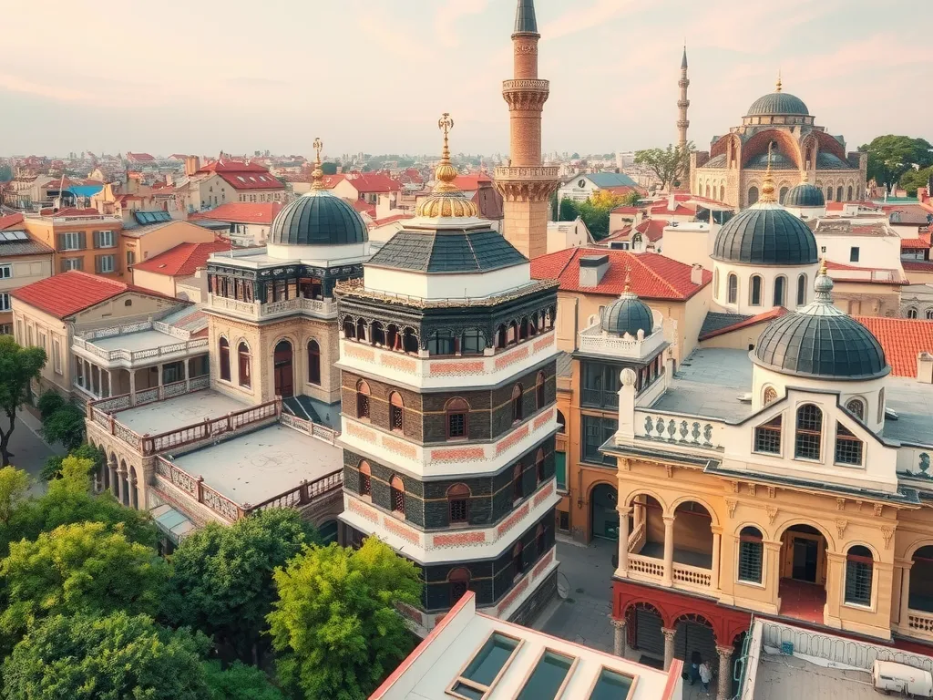 Detailed image of an Ottoman city with architectural features linking the past with modern urban planning