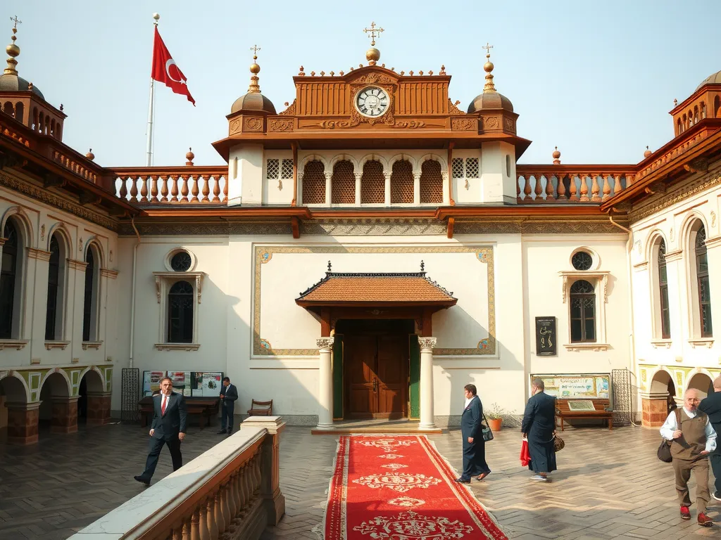 Scene depicting historical and modern Turkish court system, highlighting influences from Islamic civilization