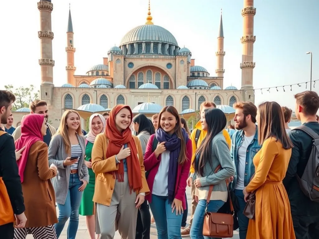 A photorealistic scene of a diverse group of international students visiting a historic mosque in Turkey, vibrant colors, modern and traditional attire, cultural exchange, high quality, professional photography style
