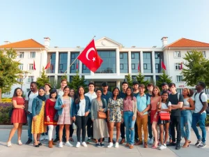 A diverse group of international students in Turkey, standing in front of a university with Turkish architecture, showcasing cultural and educational diversity, photorealistic, high quality