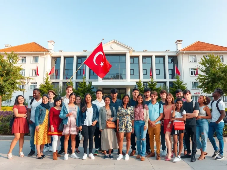 A diverse group of international students in Turkey, standing in front of a university with Turkish architecture, showcasing cultural and educational diversity, photorealistic, high quality