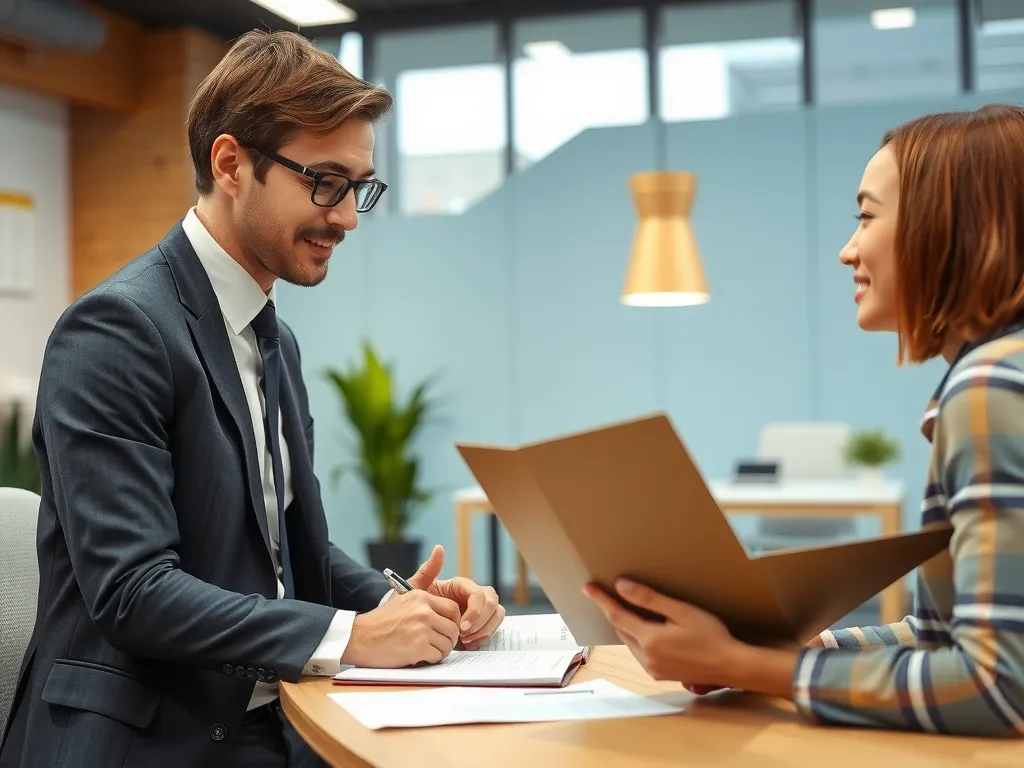 A professional legal advisor discussing visa and residence solutions with an international student, in a modern office setting, photorealistic, detailed
