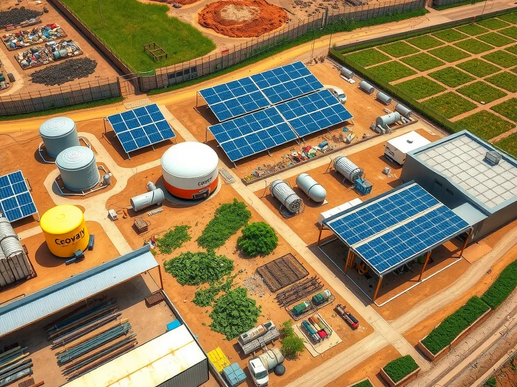 Aerial view of a modern waste management facility in Turkey, featuring recycling and composting areas, solar panels, and biogas equipment, photorealistic, high quality, clear sky, clean environment
