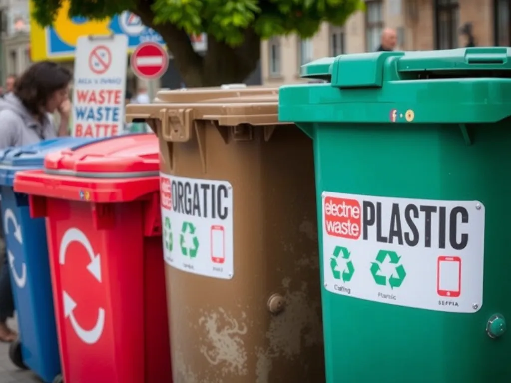 Close-up of different waste segregation bins in a Turkish street, labeled for organic, plastic, and electronic waste, realistic, vivid colors, urban setting