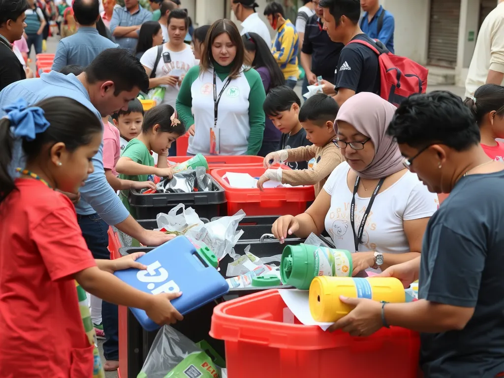 Interactive community recycling event in Istanbul, featuring families and children participating in waste sorting activities, colorful and lively scene, community engagement