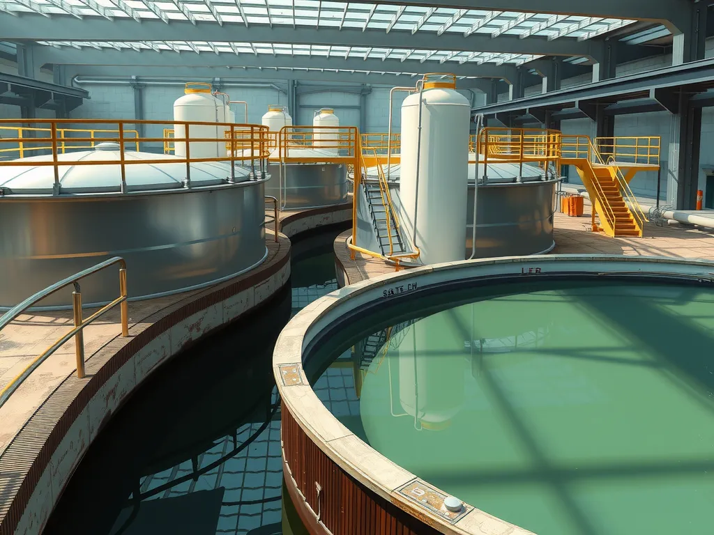 Photorealistic image of a sewage treatment plant in Turkey, showing large water tanks and advanced filtration systems, industrial architecture, professional lighting