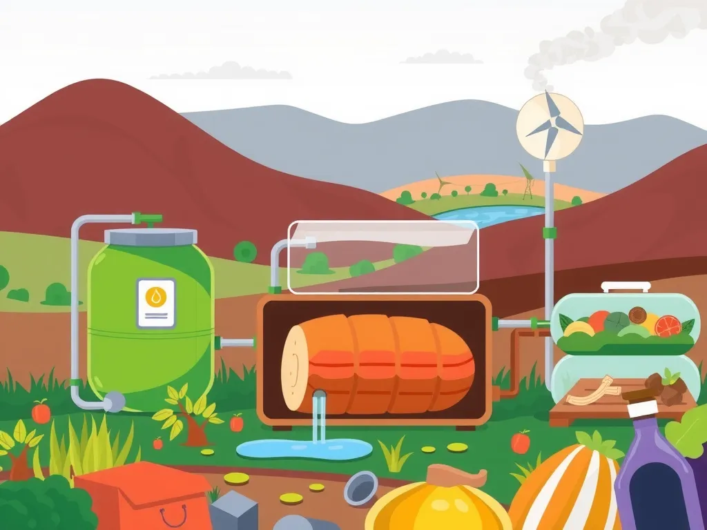 Vibrant illustration of biogas production from organic waste, showing a biodigester and gas collection, green energy concept, engaging and educational style