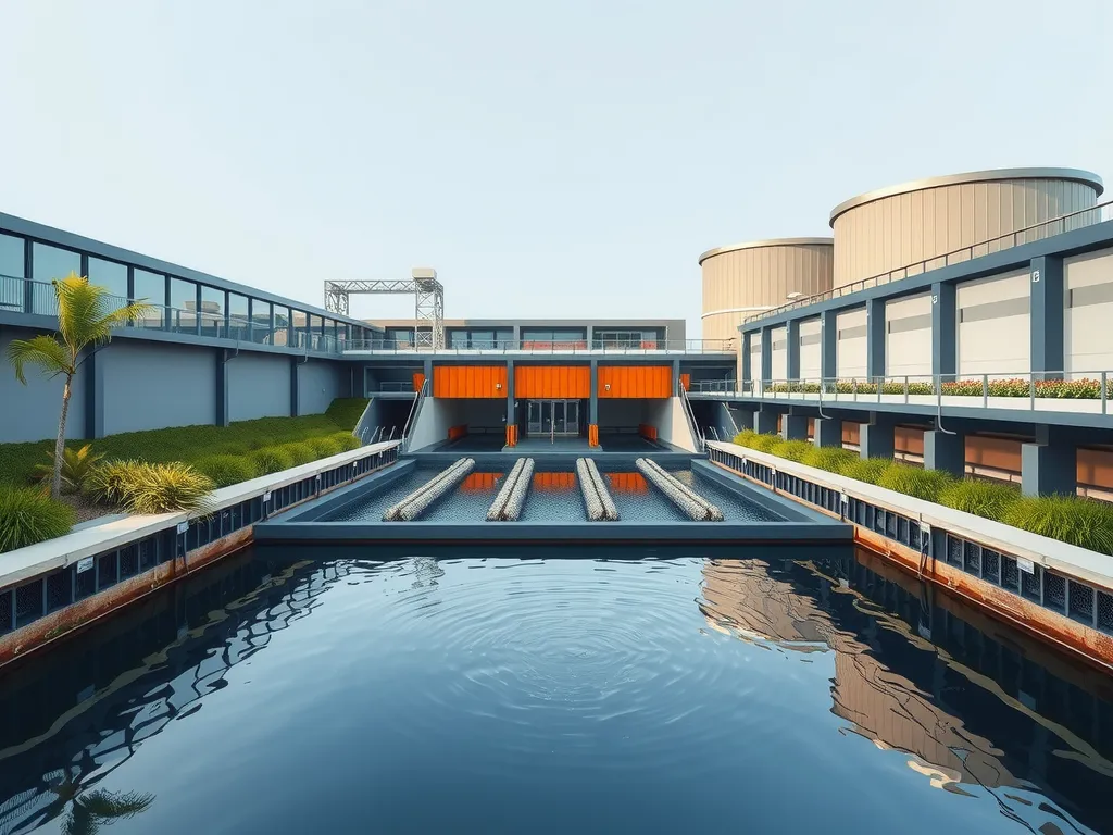 An advanced wastewater treatment facility with modern architecture, photorealistic, high quality, professional lighting, clean background
