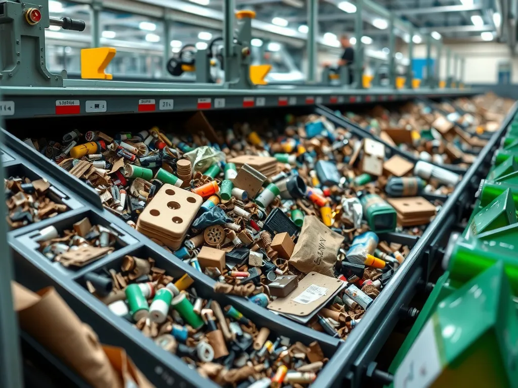 Close-up of a high-tech recycling facility, showing machinery sorting various materials, detailed, industrial setting