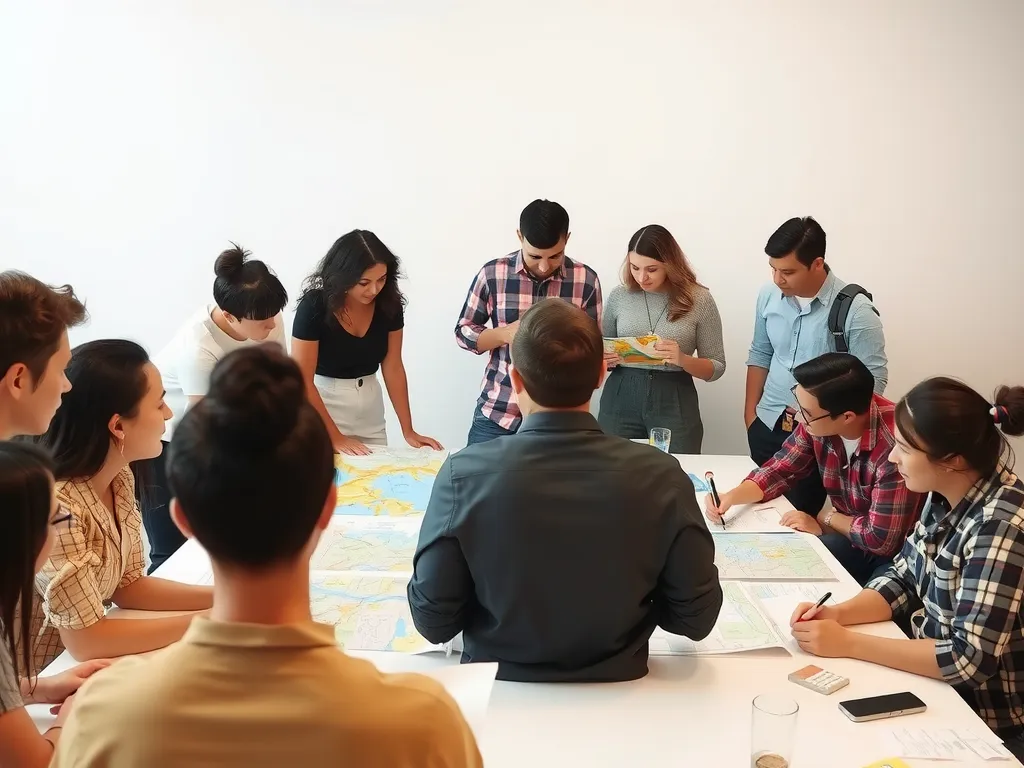 Community meeting discussing environmental strategies, diverse group of people engaged around a table with maps and plans