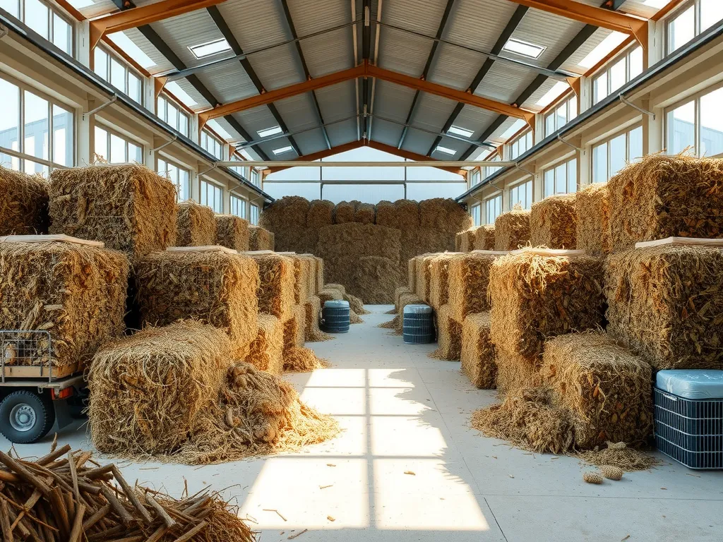 Modern composting facility with stacks of organic material, organized layout, clean and efficient, sunlight filtering in