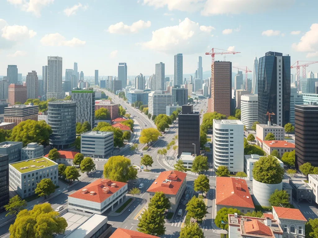 A dynamic cityscape illustrating environmental sustainability, showing green spaces among urban infrastructure, photorealistic