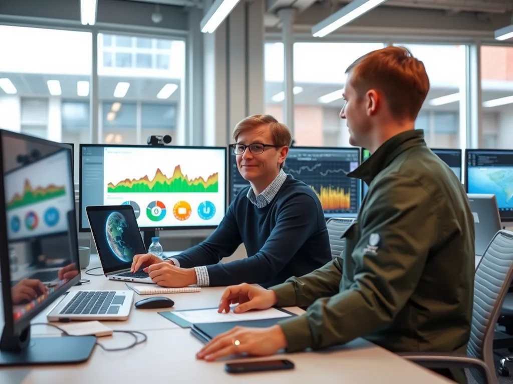Engineers using digital tools to monitor environmental data, showing screens with graphs and analytics, modern office environment