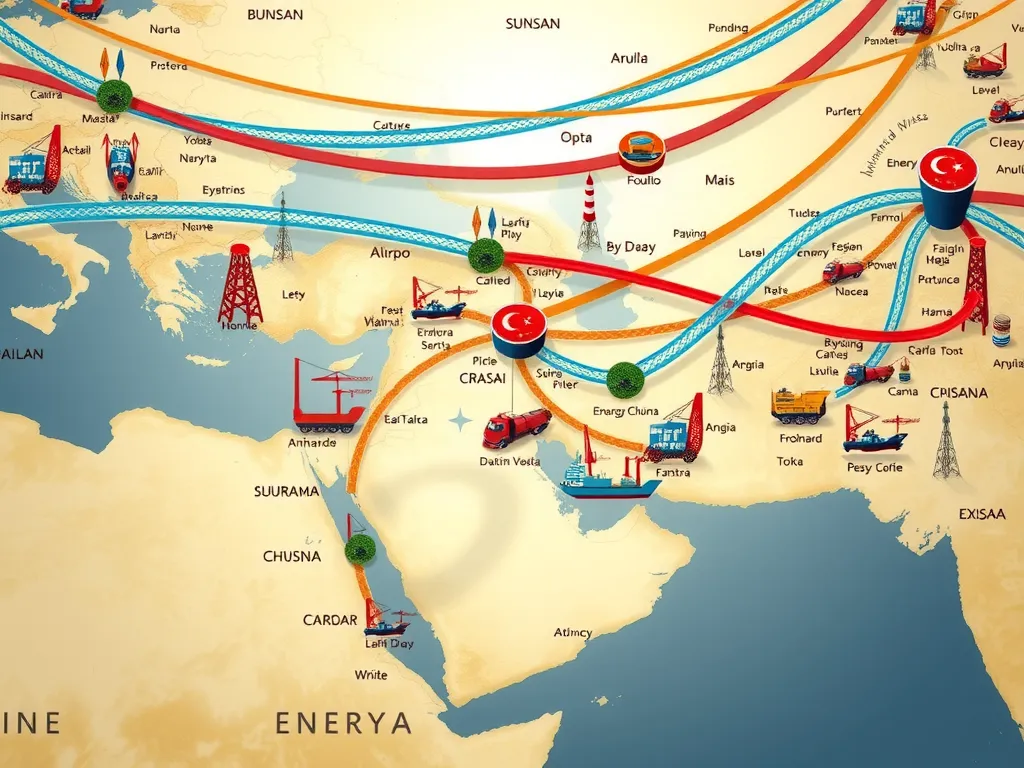 Artistic representation of the interconnected trade and energy routes involving Turkey and its role in global supply chains, high quality, detailed