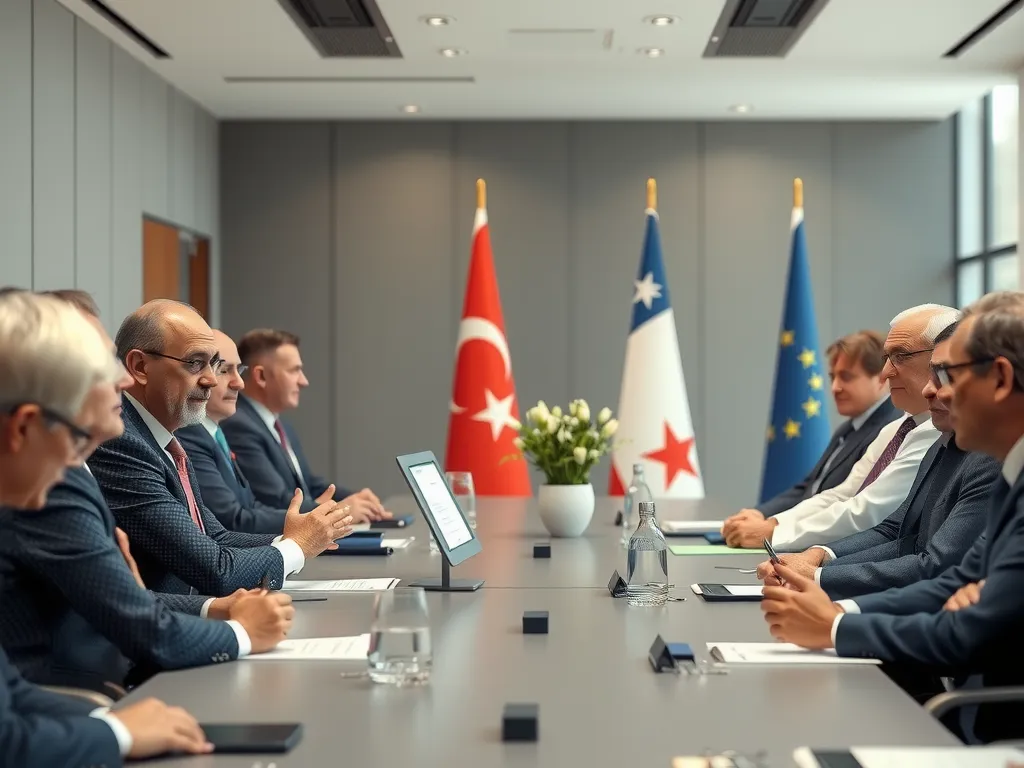 Diverse group of political leaders from Turkey and the European Union in a high-level diplomatic meeting, modern conference room, photorealistic, high quality, neutral colors, professional lighting