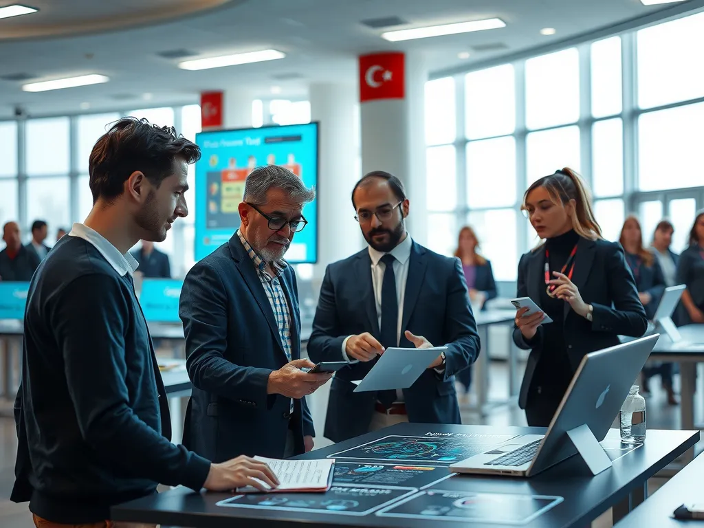 High-quality, modern educational ecosystem with AI integration in Turkish universities, showing collaboration between students and industry experts, photorealistic, academic setting, innovative technology, professional education environment