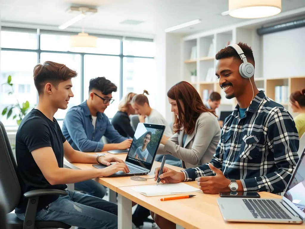 Students working on AI projects in a collaborative university setting, showcasing teamwork and digital tools in education