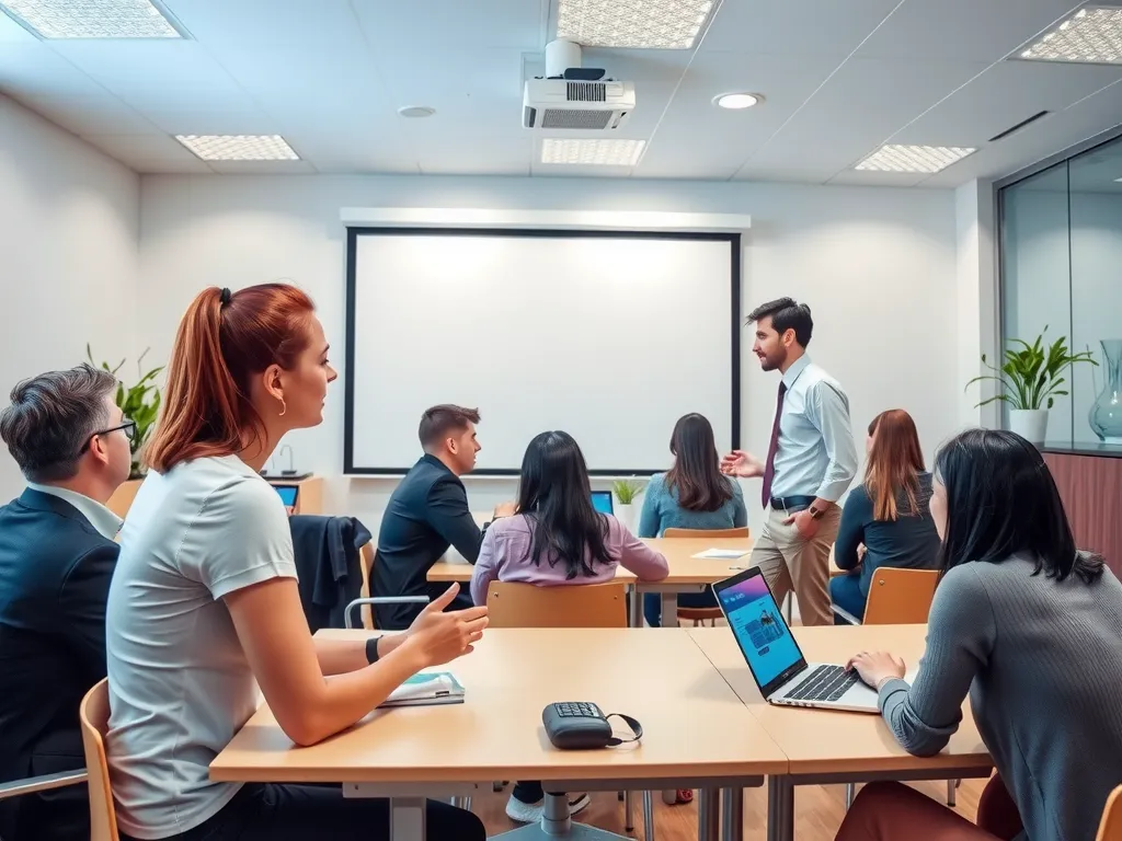 Professional Turkish university setting with students and AI-driven teaching tools, modern classroom design, high-tech learning environment