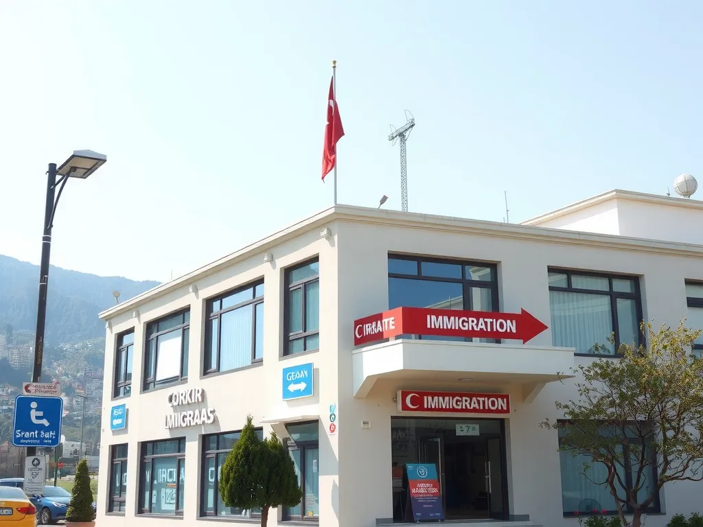 An administrative building in Turkey with signs indicating immigration services, photorealistic, showcasing location and accessibility.