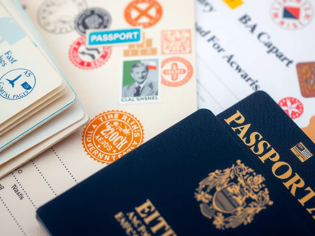 Close-up of various official documents and passport pages, detailed photography, showcasing travel stamps and paperwork essentials.