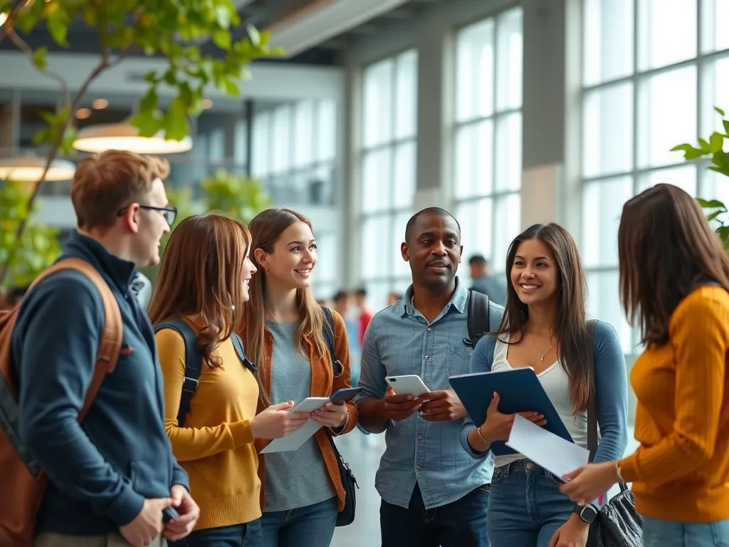 A diverse group of international students discussing at a modern university campus, photorealistic, high quality, vibrant lighting, depicting cultural exchange.