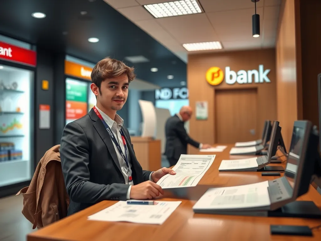 Professional setting showing a student at a bank desk, with financial documents, focused on opening a student bank account, high quality.