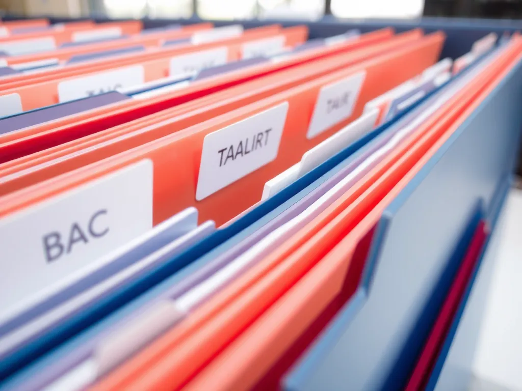 Close-up of a neat and organized document folder with labeled sections, professional setting, clean and tidy, high quality