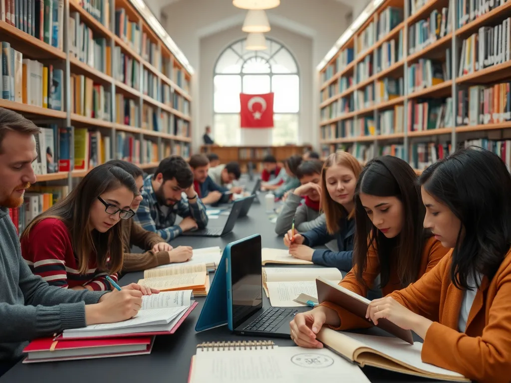 A diverse group of students studying together at a Turkish university library, multicultural, academic setting, serious and focused environment