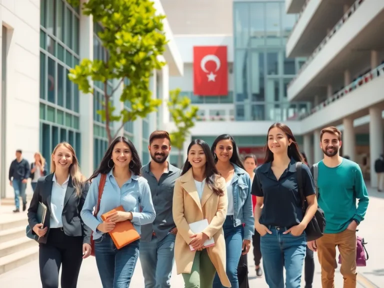 Professional photo of international students at a Turkish university campus, diverse group, modern architecture, sunny day, lively atmosphere, photorealistic, high quality