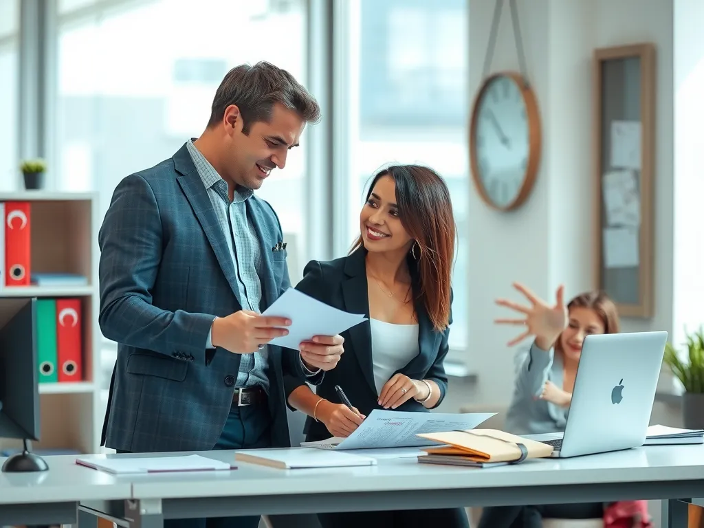 A modern office scene with a student and a Turkish official discussing documents, professional lighting, natural setting
