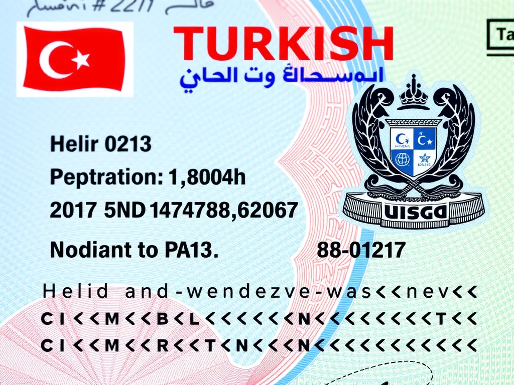 A detailed image of an official Turkish visa, high quality, photorealistic, valid for educational purposes, intricate design