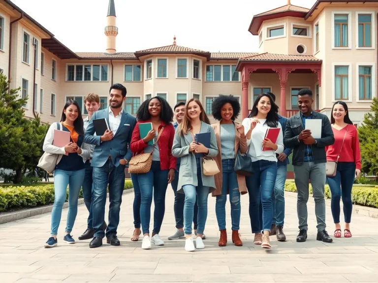 A diverse group of international students at a Turkish university campus, photorealistic, high quality, vibrant colors, students holding books and laptops, Turkish architectural background