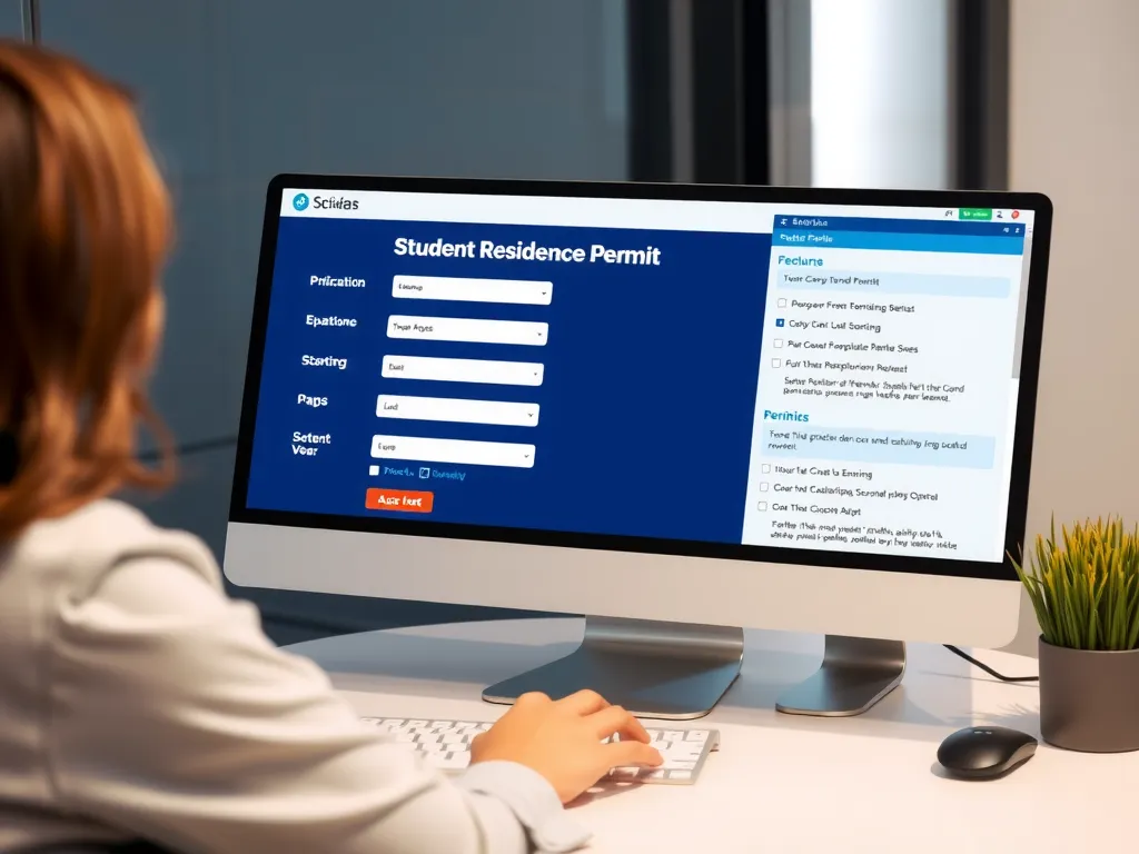 A person using a computer to fill out an online application for a student residence permit, user interface visible, modern design, no text visible