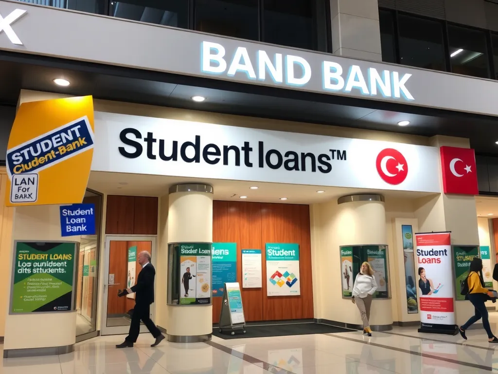 A modern bank in Turkey with signage indicating student loans. Professional setting, focus on financial services available for students, high quality.