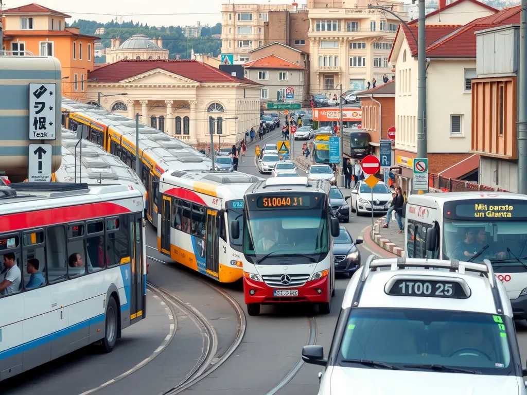 Cityscape of Istanbul with public transportation systems like trams and buses, emphasizing student commuter lifestyle. High quality, vibrant city life, professional photography capturing student life in urban setting.