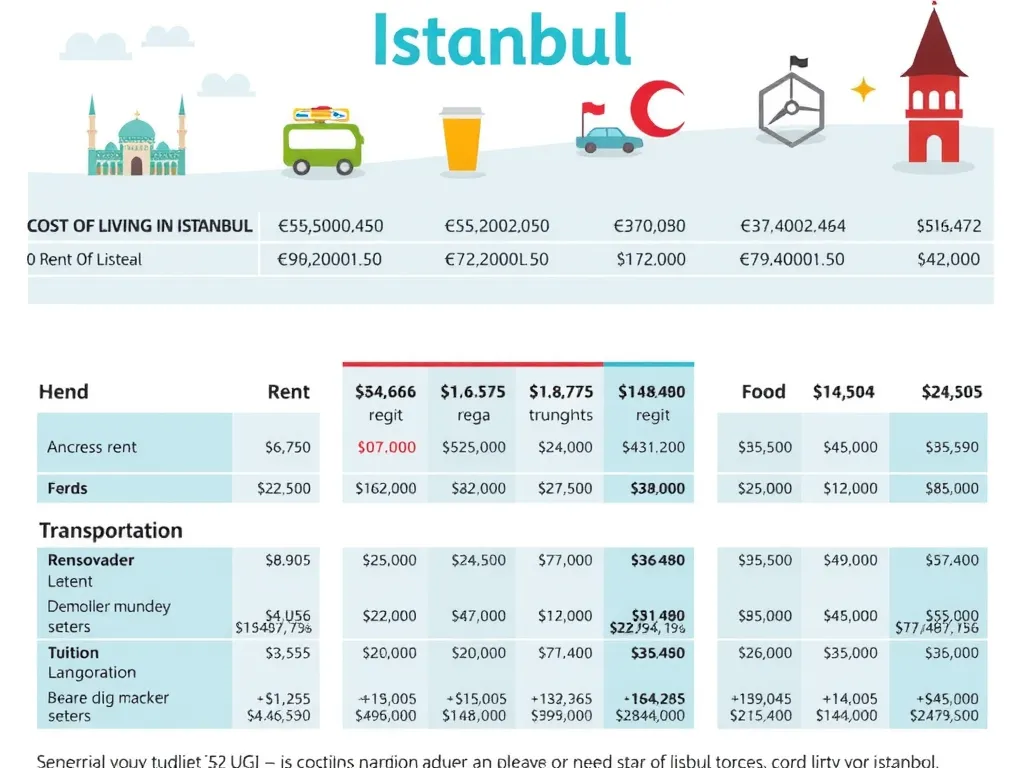 A detailed financial planning chart for students, showcasing costs of living in Istanbul with various categories such as rent, food, transportation, and tuition. High quality, business planning style, clean and organized.