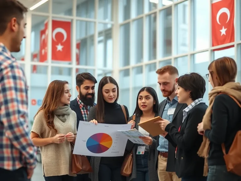 A group of international students in a modern university in Turkey, discussing finance and budgets together. Photorealistic, high quality, inclusive group setting, diverse students from different backgrounds.