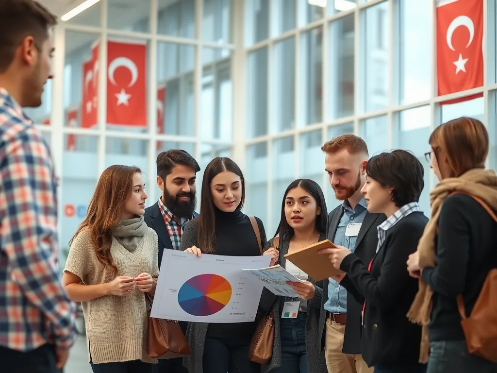A group of international students in a modern university in Turkey, discussing finance and budgets together. Photorealistic, high quality, inclusive group setting, diverse students from different backgrounds.
