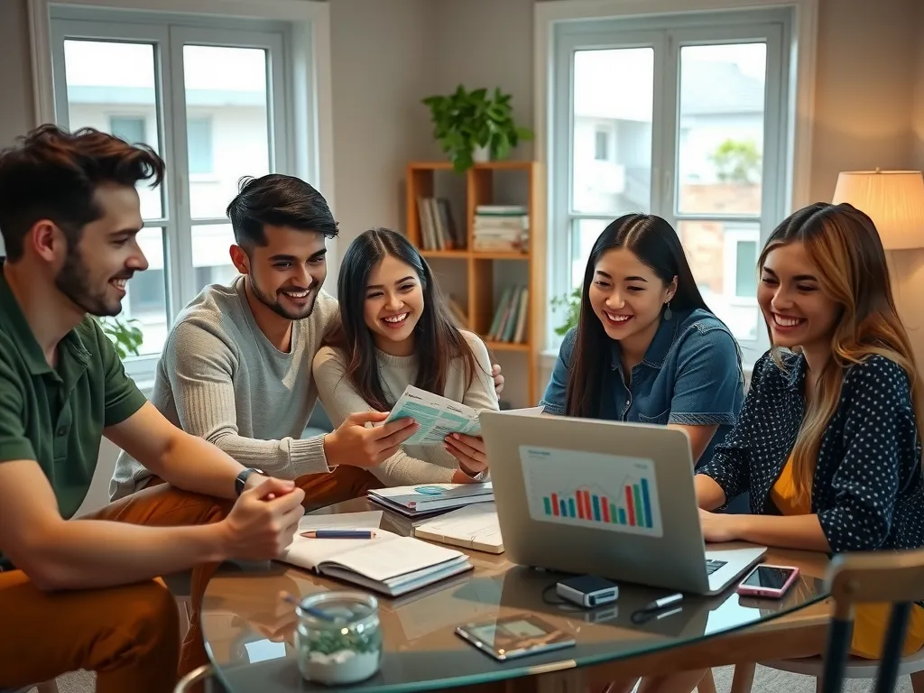 Group of international students in a cozy apartment having a budget meeting, analyzing expenses on a laptop. Friendly atmosphere, high quality, interactive and collaborative scene.