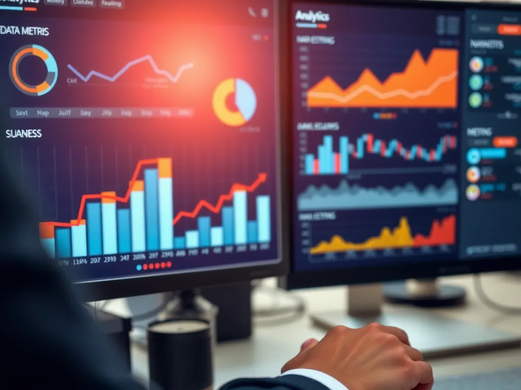 Close-up of data analytics tools being used on a computer screen, showing graphs and digital marketing metrics, photorealistic, professional setting