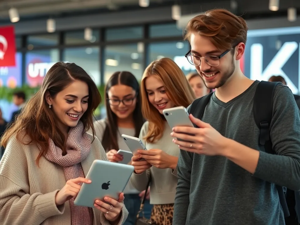 Digital marketing analysis in Turkey, depicting young and dynamic consumers engaging with digital tools in a modern tech environment, photorealistic, high quality, natural lighting