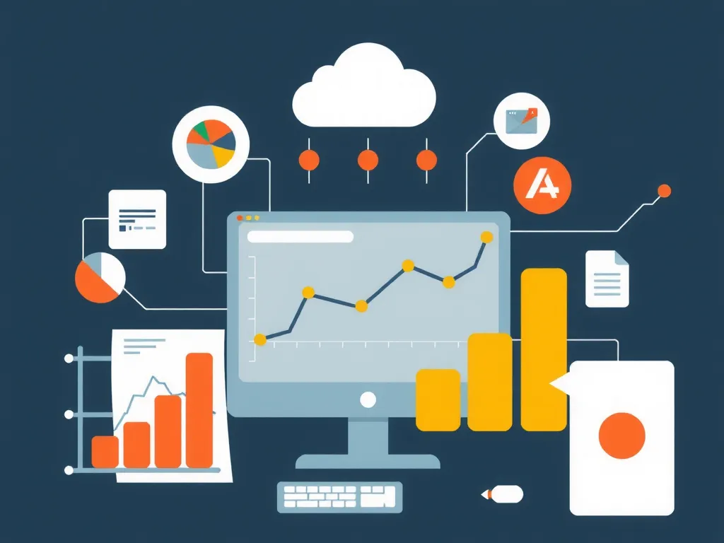 Detailed illustration of popular digital analysis tools like Google Analytics, depicted without logos, in a professional and modern context